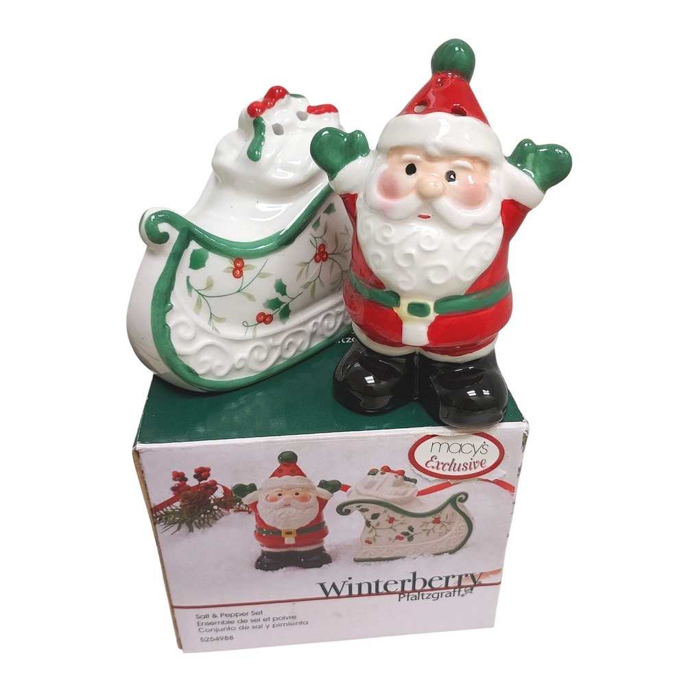 Pfaltzgraff Winterberry Santa Claus Sleigh Salt Pepper Shaker Set Ceramic‎